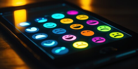 Tablet displaying emotive evaluation with mood icons Stock photo