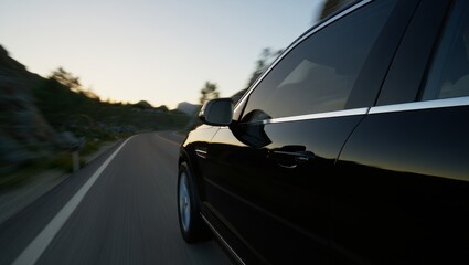 Black Luxury SUV Driving on Mountain Road at Dusk with Cinematic Lighting