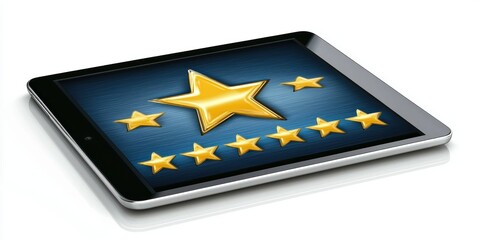 Tablet displaying product with 5-star average review Stock photo