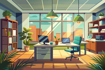 High-end modern office meeting room with floor-to-ceiling glass windows offering a panoramic city skyline view. The stylish interior features a large wooden conference table, contemporary leather chai