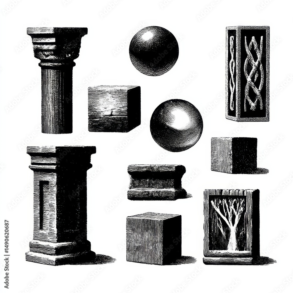 Poster geometric forms: black and white still life with spheres, cubes, pillars, and textured objects in wo