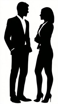 Set of black vector silhouettes of male and female businesspeople standing side by side, isolated on a white vertical background. Designed for use in UI mockups, explainer videos