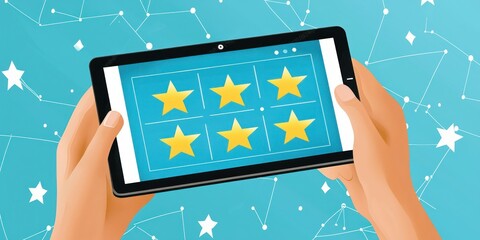 Tablet displaying user behavior trends and rating visuals Stock photo