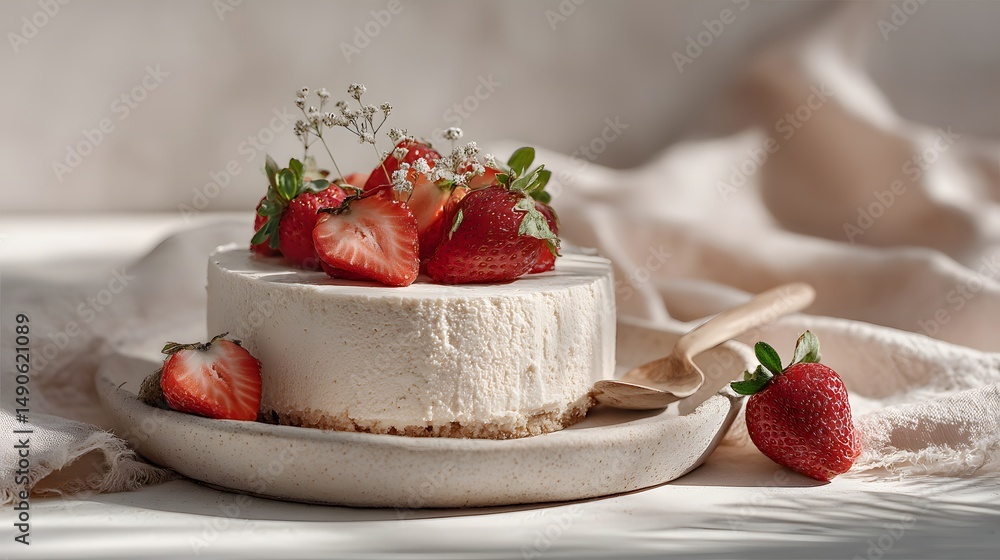 Poster delightful strawberry cake with soft creamy texture and fresh strawberries on top creating a visual 