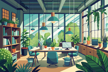 High-end modern office meeting room with floor-to-ceiling glass windows offering a panoramic city skyline view. The stylish interior features a large wooden conference table, contemporary leather chai