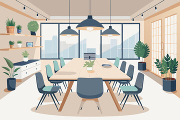 High-end modern office meeting room with floor-to-ceiling glass windows offering a panoramic city skyline view. The stylish interior features a large wooden conference table, contemporary leather chai