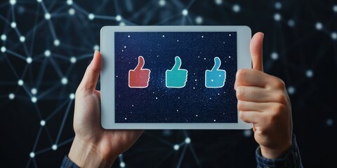 Tablet in hand with thumbs up and down feedback graphics Stock photo