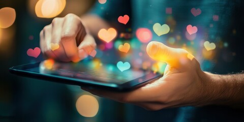 Tablet in hand with thumbs up and down feedback graphics Stock photo