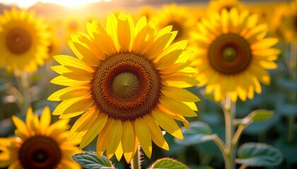 Fototapeta premium Golden Sunflowers Field in Summer Sunshine