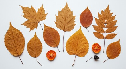 Autumn Leaves Collection - A flat lay of various dried autumn leaves and dried orange slices on a white background