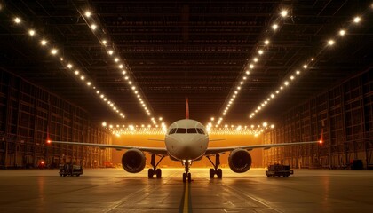 Airplane in hangar, lit by spotlights