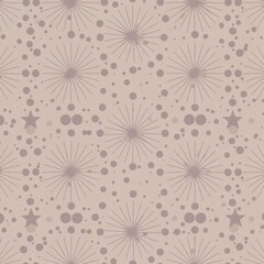 Seamless Retro-Inspired Pattern Featuring Starbursts and Polka Dots in Soft Dusty Pastel Shades. Tileable Art Design For Wallpapers, Textiles and Digital Backdrops.