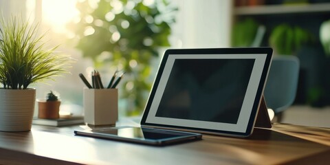 Tablet on business desk showing evaluation summary Stock photo