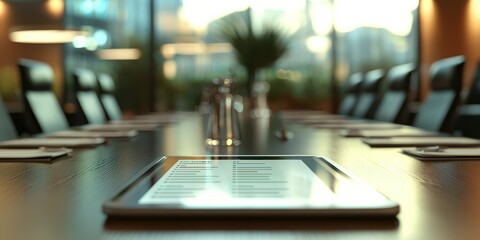 Tablet on conference table displaying client feedback scores Stock photo