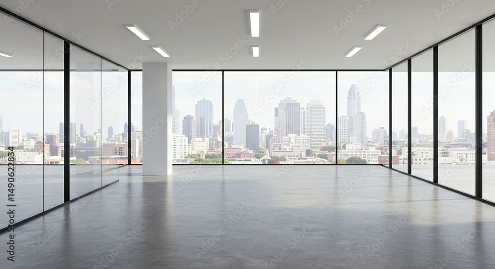 Poster empty office space with large windows overlooking a city skyline. modern interior design with busine