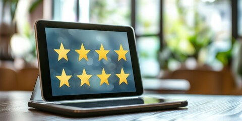 Tablet on table with digital evaluation summary and ratings Stock photo
