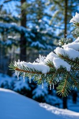 a close up of a pine tree branch covered in snow