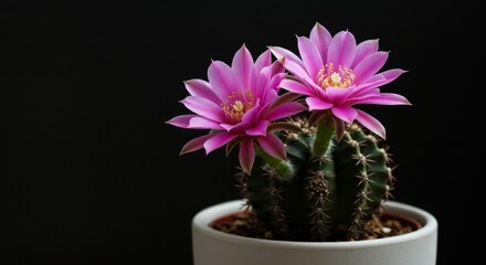 Obraz premium Blooming Cactus in Dark Background Home Plant Pot - Two vibrant pink cactus flowers in full bloom, symbolize resilience, beauty, strength, adaptation, and hope. A dark background enhances the