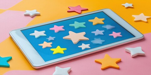 Tablet rating screen surrounded by floating icons Stock photo