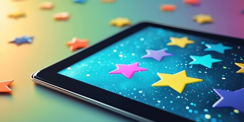 Tablet rating screen surrounded by floating icons Stock photo