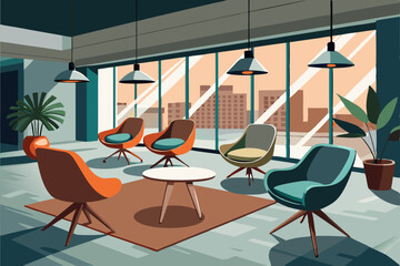 High-end modern office meeting room with floor-to-ceiling glass windows offering a panoramic city skyline view. The stylish interior features a large wooden conference table, contemporary leather chai