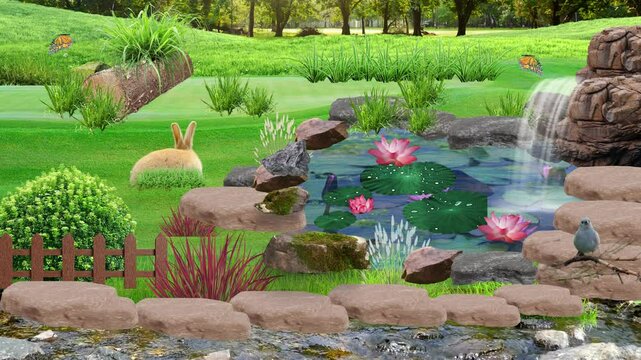 The pond has pink lotus flowers, a small waterfall, rocks that decorate the pond in the middle of a green lawn. Rabbits, birds, butterflies, grass flowers, and blades of grass, a nature with animal.