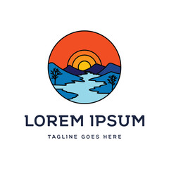 Circular Sunset Mountain with Lake River Creek for Explore Outdoor Adventure Camp Graphic Design