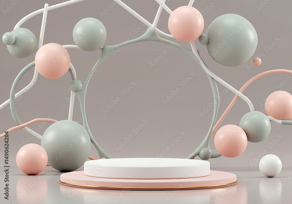 Poster abstract 3d render of a product display podium with spheres and decorative elements. minimalist desi