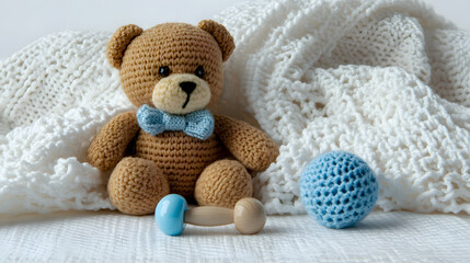 Adorable handmade teddy bear with a blue bowtie, surrounded by a soft white blanket and playful toys, perfect for a child's room.