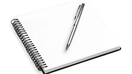 A sleek silver pen rests on a blank spiral notebook, inviting creativity and thought.