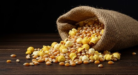 Burlap Sack of Popcorn Kernels and Popped Corn - Golden kernels and popped popcorn spill from a burlap sack onto a dark wooden surface. Symbolizing harvest, abundance, snack time, wholesomeness