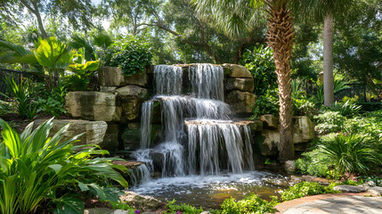 Naklejka premium A serene waterfall cascading over rocky stones in a lush garden setting.