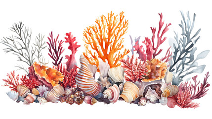 Obraz premium A vibrant underwater scene featuring colorful corals and seashells in various shapes and sizes.