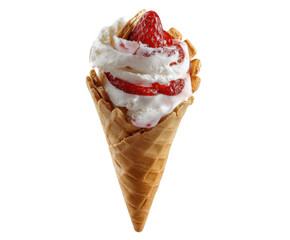 Delicious ice cream cone with strawberries and whipped cream, cut out transparent