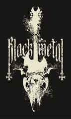 Vector music banner a4 with words Black metal written in gothic font, with electric guitar, inverted crosses and horned animal skull. Leaflet, poster, t-shirt design, music cover, flyer. No AI used