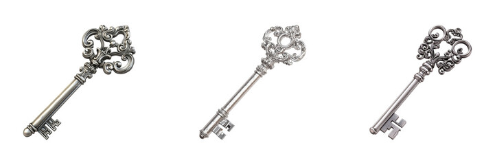 Ornate Vintage Skeleton Keys Set. Antique Design And Collectible Decor Collection Isolated On Transparent Background