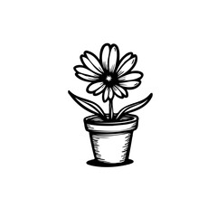 Monochrome floral illustration showcasing a bloom within a decorative pot