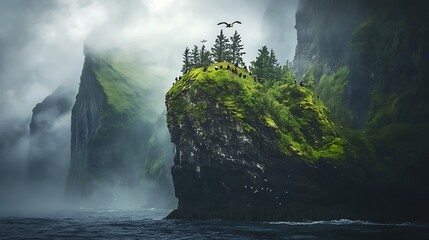The Charming, Colorful Beaks of a Puffin Colony on a Dramatic Cliff Face Overlooking a Rough Sea