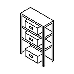 Metal shelving unit with storage boxes. Isometric vector icon. Editable stroke.