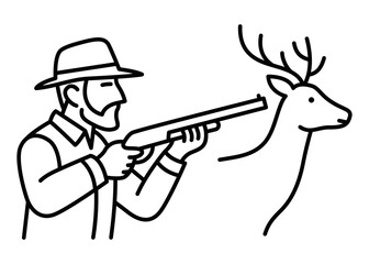Hunter aiming at deer with rifle. Vector illustration. Editable stroke.