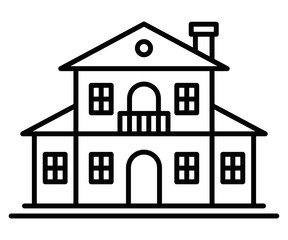 Large suburban house with windows. Vector illustration. Editable stroke.