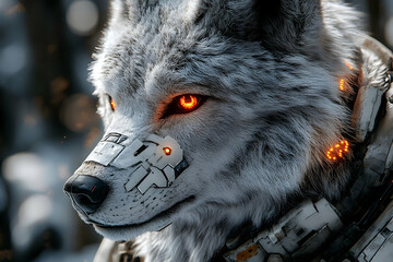 Cybernetic wolf with glowing eyes in a snowy landscape