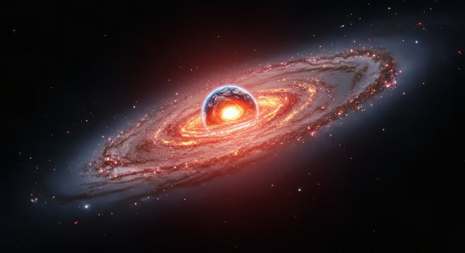 High-orbit satellite perspective of Earth being torn apart, massive swirling vortex replacing the core, data overlays and signal noise on screen, sci-fi HUD elements