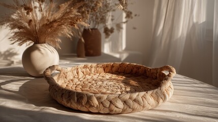 Fototapeta premium Woven tray and vase serene tableau