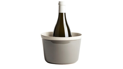 A stylish, modern wine bottle elegantly placed in a sleek gray ice bucket.
