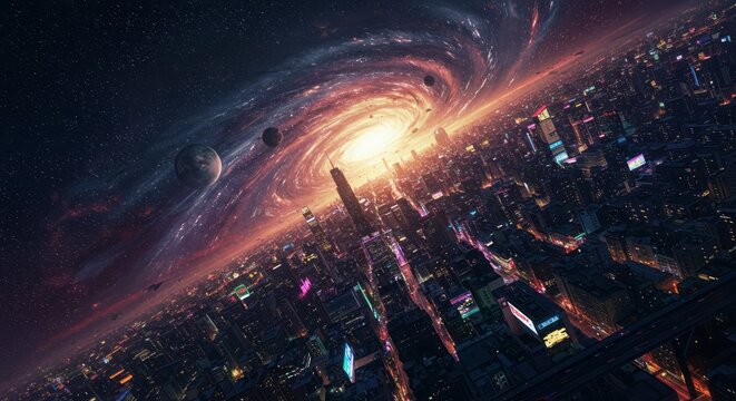 High-orbit satellite perspective of Earth being torn apart, massive swirling vortex replacing the core, data overlays and signal noise on screen, sci-fi HUD elements - Powered by Adobe