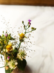 Wild fresh flowers isolated on white grey background. Copy space