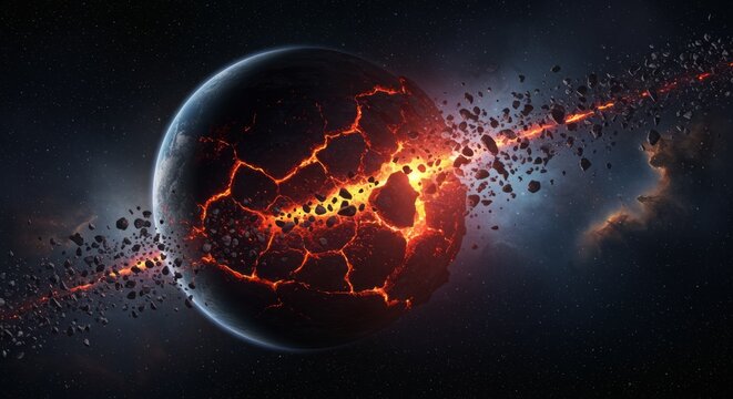 High-orbit satellite perspective of Earth being torn apart, massive swirling vortex replacing the core, data overlays and signal noise on screen, sci-fi HUD elements