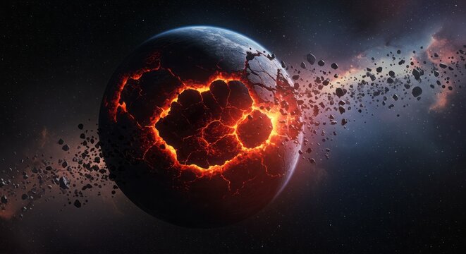 High-orbit satellite perspective of Earth being torn apart, massive swirling vortex replacing the core, data overlays and signal noise on screen, sci-fi HUD elements