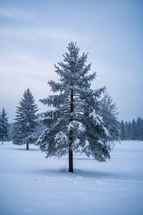 snowy trees in a field with a blue sky and clouds